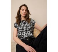 Shirtbluse TAMARIS, Damen, Gr. 34, schwarz-weiß (schwarz sand), Satin, Obermaterial: 95% Viskose, 5% Elasthan. Vorderteil: 100% Polyester, bedruckt, lässig geschnitten hüftbedeckend, Rundhals, Blusen 