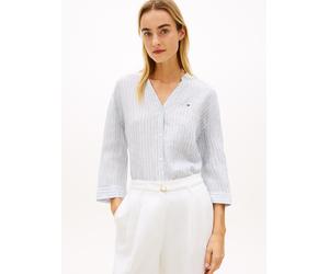 Shirtbluse TOMMY HILFIGER "ESS LINEN COLLARLESS SHIRT", Damen, Gr. M (40), chalk stp ecru blau orbit, Web, Obermaterial: 100% Leinen, gestreift, gerade normal, V-Ausschnitt, Blusen, mit Logo-Stickerei