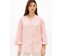 Shirtbluse TOMMY HILFIGER "ESS LINEN COLLARLESS SHIRT", Damen, Gr. M (40), chalk stp ecru fireworks, Web, Obermaterial: 100% Leinen, gestreift, gerade normal, V-Ausschnitt, Blusen, mit Logo-Stickerei 