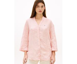 Shirtbluse TOMMY HILFIGER "ESS LINEN COLLARLESS SHIRT", Damen, Gr. S (36/38), rosa (chalk stp ecru fireworks), Web, Obermaterial: 100% Leinen, gestreift, gerade normal, V-Ausschnitt, Blusen, mit Logo-