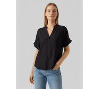 VERO MODA Damen Top Casual Splitneck umgeschlagene Ärmelbündchen Bluse Kurzarm, Farben:Schwarz, Größe:L