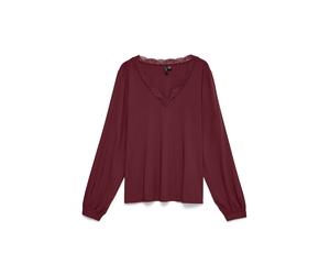 Shirtbluse VERO MODA "VMBELLA LS LACE TOP WVN", Damen, Gr. L, rot (windsor wine), Web, Obermaterial: 97% Viskose, 3% Elasthan, unifarben, loose fit normal, V-Ausschnitt, elastischer Bund, Blusen, Visk