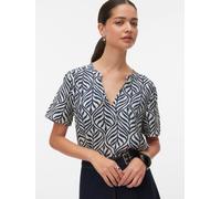 Shirtbluse VERO MODA "VMJOSIE SS V-NECK GATHERING TOP WVN GA", Damen, Gr. M, birch aop:navy blazer bonnie, Web, Obermaterial: 83% Viskose, 17% Nylon, bedruckt, regular fit normal, V-Ausschnitt, Blusen