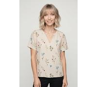 Shirtbluse VERO MODA "VMJOSIE SS V-NECK GATHERING TOP WVN GA", Damen, Gr. M, bunt (birch aop:bina), Web, Obermaterial: 83% Viskose, 17% Nylon, bedruckt, regular fit normal, V-Ausschnitt, Blusen, Visko