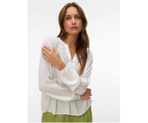 Shirtbluse VERO MODA "VMMENNY EMB LS TOP WVN NOOS", Damen, Gr. M, weiß (snow weiß), Web, Obermaterial: 100% Viskose, unifarben, normal, V-Ausschnitt, elastischer Bund, Blusen, Viskose, Stickerei Detai
