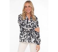 Shirtbluse ZWILLINGSHERZ "Blätter Zweifarbig", Damen, Gr. L/XL (L/XL), schwarz, Obermaterial: 100% Baumwolle, gemustert, loose fit hüftlang, Serafino, Blusen Shirtbluse, Langarm, Serafino-Kragen, Kont