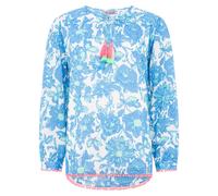 Shirtbluse ZWILLINGSHERZ ""Schmetterling"", Damen, Gr. SM (S/M), blau (mittelblau), Obermaterial: 100% Baumwolle, gemustert, loose fit hüftlang, Serafino, Blusen Shirtbluse, mit Blumenmuster, Tasseln