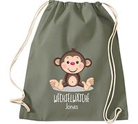 Shirtinstyle Kinder Turnbeutel, AFFE, Wechselwäsche mit Wunschtext, Tiere Zoo Kindertag Beutel, Farbe Olive