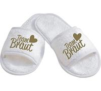 Shirtinstyle Schlappen Slipper JGA Team Braut, Hausschuhe, Hochzeit, Junggesellenabschied, Junggesellinnenabschied, Geschenk, Überraschung, Farbe Weiss Gold Größe 36-42