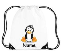 Shirtinstyle Turnbeutel für Kinder, Tiermotiv Pinguin mit Wunschnamen Farbe Weiss