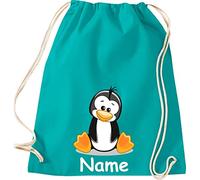 Shirtinstyle Turnbeutel, Tiere Pinguin mit Wunschnamen, Kinder, Stoffbeutel, Kinderrucksack, Jute, Gymsack, Farbe Emerald