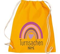 Shirtinstyle Turnbeutel, Turnsachen Regenbogen Name, Wunschtext, Gym Sack Tasche Beutel zum zuziehen, Größe 37x46cm, Farbe Mustard