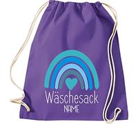 Shirtinstyle Turnbeutel, Wäschesack Regenbogen Name, Wunschtext, Gym Sack Tasche Beutel zum zuziehen, Größe 37x46cm, Farbe Purple