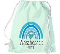 Shirtinstyle Turnbeutel, Wäschesack Regenbogen Name, Wunschtext, Gym Sack Tasche Beutel zum zuziehen, Größe 37x46cm, Farbe pastellmint