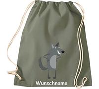 Shirtinstyle Turnbeutel, Wolf mit Wunschnamen, Kinder, Wunschtext, Wunschname, Text, Name, Stoffbeutel, Kinderrucksack, Jute, Gymsack, Farbe Olive