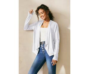 Shirtjacke LASCANA, Damen, Gr. 40/42, weiß, Jersey, Obermaterial: 100% Viskose, normal hüftlang, ohne Ausschnitt, Shirts Shirtjacke, in offener Form, Strickjacke aus Jersey, Sommerjacke, Cardigan (619