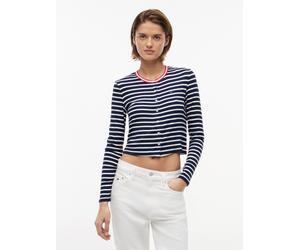 Shirtjacke TOMMY JEANS "TJW SLIM JERSEY LS CARDIGAN", Damen, Gr. XL (46), blau (navy, stripe), Single Jersey, Obermaterial: 95% Viskose, 5% Elasthan, gestreift, slim fit normal, Rundhals, Shirts Shirt
