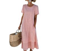 Shirtkleid Damen, Damenkleider Sommer Petticoat Kleid Sommer Einfarbig Rundhals Kurzarm Midikleid Geschichtetes Strandkleid Swing A Linie Kleider Damen Kleider Elegant Blaues Kleid Plisseekleid