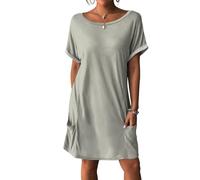 Shirtkleid Damen Kurzarm Kurz Sommer Blusenkleid Damen Elegant Rundhals mit Taschen Sommerkleid Leicht Und Luftig Kleider Sommer A Linie Einfarbig Tshirt Kleid Oversize Luftige Sommerkleider