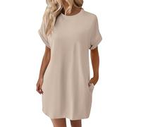 Shirtkleid Damen Rockabilly Kleider Kleid lang Sommer Kleidung für Elegant Einfarbig Rundhals Kurz Ärmel Shirt kostüm Mittelalter Taufkleid（Beige, M