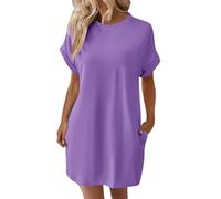 Shirtkleid Damen Rockabilly Kleider Sommerkleid sexy etuikleid Sommer Elegant Einfarbig Rundhals Kurz Ärmel Shirt Kleid festliches mädchen strandtunika（Lila, M