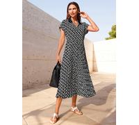 Shirtkleid INSPIRATIONEN "Druck-Kleid", Damen, Gr. 54, Normalgrößen, schwarz, champagner, bedruckt, 100% Polyester, bedruckt, gemustert, mehrfarbig, wadenlang, V-Ausschnitt, Kleider Shirtkleid (293602