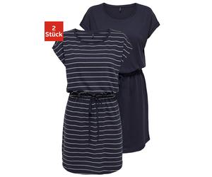 Shirtkleid ONLY "ONLMAY LIFE S/S DRESS 2 PACK CS JRS", Damen, Gr. XS (34), N-Gr, blau (night sky detail:pack nigth sky stripe cloud dancer (nadia)), Jersey, Obermaterial: 100% Baumwolle, gestreift, re