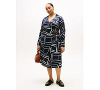 Shirtkleid TOMMY HILFIGER CURVE "CRV VIS TWILL MIDI SHIRT DRS LS", Damen, Gr. 52, N-Gr, Langarm, Jersey, blau (flag feathers navy large), Jersey, Obermaterial: 100% Viskose, bedruckt, regular fit lang