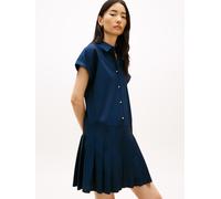 Shirtkleid TOMMY HILFIGER "POPLIN PLEATED SHORT SS DRESS", Damen, Gr. L (42/44), N-Gr, schwarz night navy, Jersey, Obermaterial: 100% Baumwolle, unifarben, regular fit kurz, Kleider Shirtkleid, mit Lo