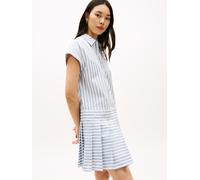 Shirtkleid TOMMY HILFIGER "POPLIN PLEATED SHORT SS DRESS", Damen, Gr. M (40), N-Gr, wide banker stp ecru brisk blau, Jersey, Obermaterial: 100% Baumwolle, gestreift, regular fit kurz, Kleider Shirtkle