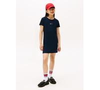 Shirtkleid TOMMY HILFIGER "STRAIGHT PUNTO DRESS S/S", Mädchen, Gr. 14 (164), N-Gr, schwarz night navy, Web, Obermaterial: 72% Polyester, 23% Modal, 5% Elasthan, unifarben, straight fit ca. Mitte Obers