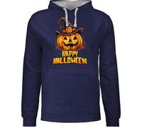 Shirtracer Pullover Herren Frauen Hoodie Kontrast zweifarbig - Damen - Happy Halloween lachender Kürbis Hexenhut - S - Navy Blau/Grau meliert - Halloween-Pullover Haloween Outfits Pulli halowen Hoody