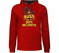 Shirtracer Pullover Herren Frauen Hoodie Kontrast zweifarbig - Damen - Happy Halloween lachender Kürbis Hexenhut - XL - Rot/Schwarz - Halloween-Pullover Haloween Outfits Pulli halowen Hoody Helloween