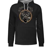 Shirtracer Pullover Herren Frauen Hoodie Kontrast zweifarbig - Kompatibel mit Oktoberfest - Cooler Hirsch Hirschgeweih Jäger - XS - Schwarz/Grau meliert - hirschmotiv bayrische hirsche Pulli bayrisch