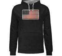 Shirtracer Pullover Herren Frauen Hoodie Kontrast zweifarbig - Kontinente - Flagge USA - S - Schwarz/Grau meliert - Amerika pullis American jh003 Flag Kapuzenpullover Hoody Damen