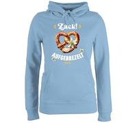 Shirtracer Pullover Hoodie Frauen - Kompatibel Oktoberfest - Zack aufgebrezelt Brezel mit Edelweiß I Trachtenshirt Volksfest Trachten Outift Damen Trachtenoutfit Herren - L - Hellblau - trachtenhoody