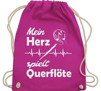 Shirtracer Turnbeutel Rucksack - Musik Instrument Zubehör - Mein Herz spielt Querflöte Herzschlag - Unisize - Fuchsia - instrumente kind querflöten stoffbeutel für musiker querfloete juterucksäcke