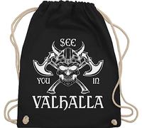 Shirtracer Turnbeutel Rucksack - Wikinger & Walhalla Herren - See you in Valhalla - Unisize - Schwarz - beutel vikings skull umhängebeutel vikinger viking stoffrucksack wikinger&walhalla totenkopf
