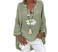 Shirts Damen Longbluse Lässig Langarm T-Shirts Übergröße Leinenbluse Tunika Top V-Ausschnitt Longshirt Elegante Leinen Oberteile Gänseblümchen Drucken Longbluse Streetwear