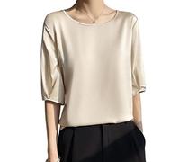 Shirts Damen Sommer,Damen-Bluse Aus Satin Sommer Elegant Schlicht Schlicht Rundhalspullover Hemden Oberteile Modisch Halbe Ärmel Tunika Oberteile Lässig Locker Arbeitsblusen Seiden-T-Shirts Für D