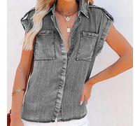 Shirts Damen Sommer,Damen-Jeansbluse Sommer Vintage-Waschung Verblasst V-Ausschnitt Hemden Oberteile Lässig Locker Ärmellos Button-Down-Blusen Tunika-Oberteile Distressed Chambray Jean Western-Hem
