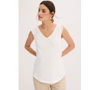 Shirttop BONPRIX, Damen, Gr. 36/38 (S), wollweiß, Jersey, Obermaterial: 100% Baumwolle, unifarben, loose fit hüftbedeckend, V-Ausschnitt, Rüschen, Tops Shirttop, lockerer loose fit, mit süßer Rüsche, 