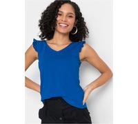 Shirttop BONPRIX, Damen, Gr. 40/42 (M), blau (azurblau), Jersey, Obermaterial: 100% Baumwolle, unifarben, loose fit hüftbedeckend, V-Ausschnitt, Rüschen, Tops Shirttop, lockerer loose fit, mit süßer R