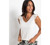 Shirttop BONPRIX, Damen, Gr. 44/46 (L), wollweiß, Jersey, Obermaterial: 100% Baumwolle, unifarben, loose fit hüftbedeckend, V-Ausschnitt, Rüschen, Tops Shirttop, lockerer loose fit, mit süßer Rüsche, 