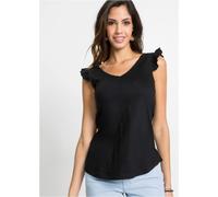 Shirttop BONPRIX, Damen, Gr. 48/50 (XL), schwarz, Jersey, Obermaterial: 100% Baumwolle, unifarben, loose fit hüftbedeckend, V-Ausschnitt, Rüschen, Tops Shirttop, lockerer loose fit, mit süßer Rüsche, 