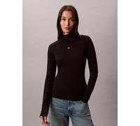 Shirttop CALVIN KLEIN JEANS "LS WOVEN LABEL TURTLENECK", Damen, Gr. L (42), schwarz, Web, Obermaterial: 94% Baumwolle, 6% Elasthan, unifarben, regular fit normal, Rundhals, eingesetzt gerader Abschlus