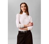 Shirttop CALVIN KLEIN JEANS "LS WOVEN LABEL TURTLENECK", Damen, Gr. M, hellweiß, Web, Obermaterial: 95% Baumwolle, 5% Elasthan, regular fit normal, Rundhals, eingesetzt gerader Abschluss, Tops Shirtto