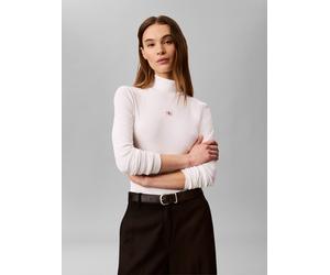 Shirttop CALVIN KLEIN JEANS "LS WOVEN LABEL TURTLENECK", Damen, Gr. S, hellweiß, Web, Obermaterial: 95% Baumwolle, 5% Elasthan, regular fit normal, Rundhals, eingesetzt gerader Abschluss, Tops Shirtto