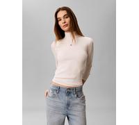 Shirttop CALVIN KLEIN JEANS "LS WOVEN LABEL TURTLENECK", Damen, Gr. XL, bc01 light grau heather, Web, Obermaterial: 95% Baumwolle, 5% Elasthan, regular fit normal, Rundhals, eingesetzt gerader Abschlu