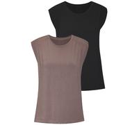 Shirttop LASCANA "mit Schulterraffung", Damen, Gr. 32/34, grau (taupe, schwarz), Single Jersey, Obermaterial: 95% Viskose, 5% Elasthan, unifarben, Basic, figurumspielend normal, Rundhals, Tops, aus we